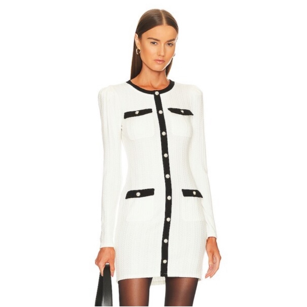 White and Black Sweater Dress with Pearl Detailing